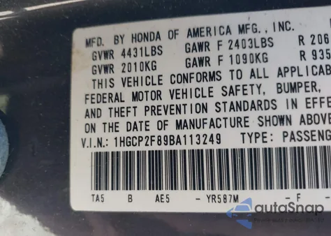2011 Honda Accord 2.4 Ex-L z USA, uszkodzony, nr VIN 1HGCP2F89BA113249